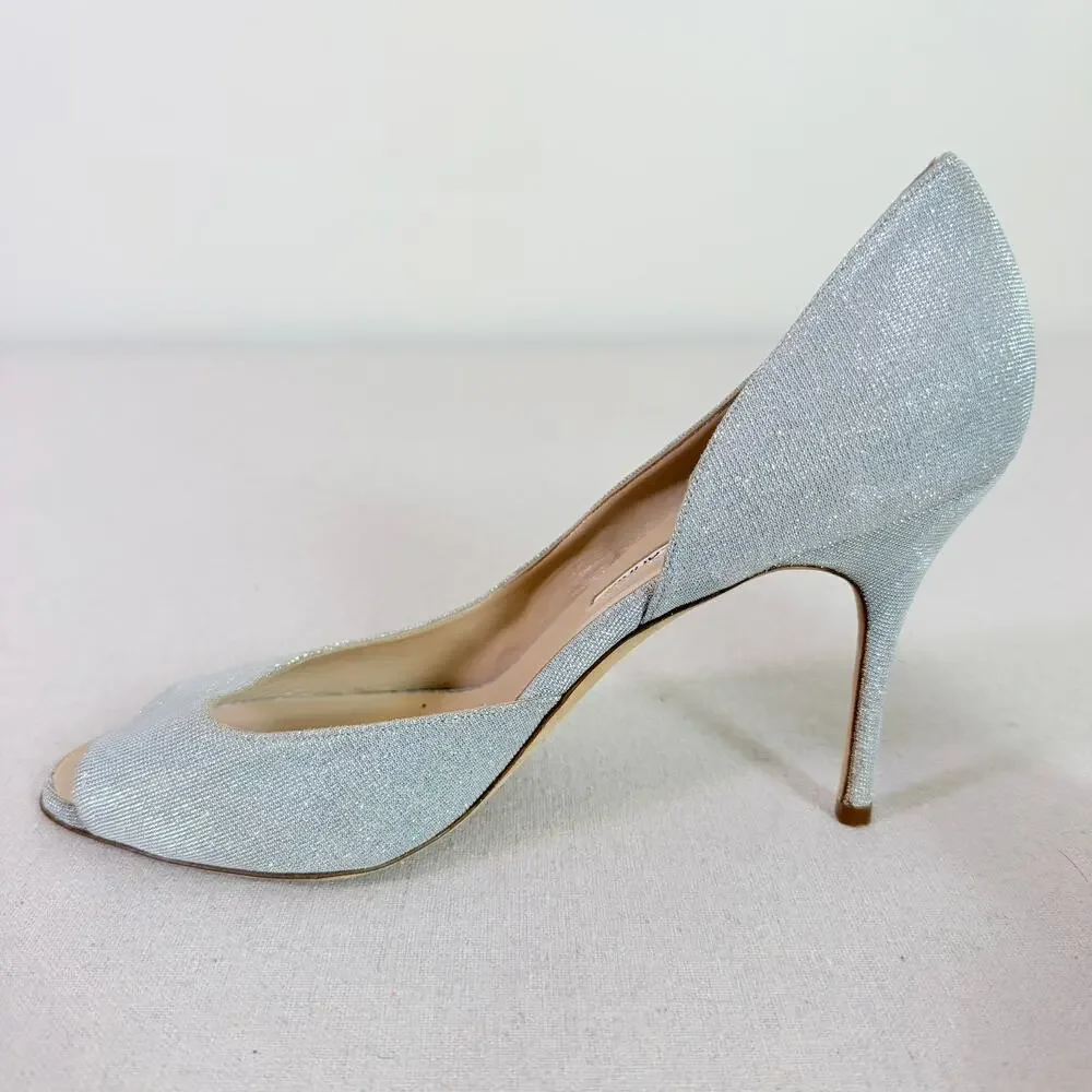 Manolo Blahnik Silver Metallic D'Orsay Peep Toe Stiletto Heels Women's EU 40.5